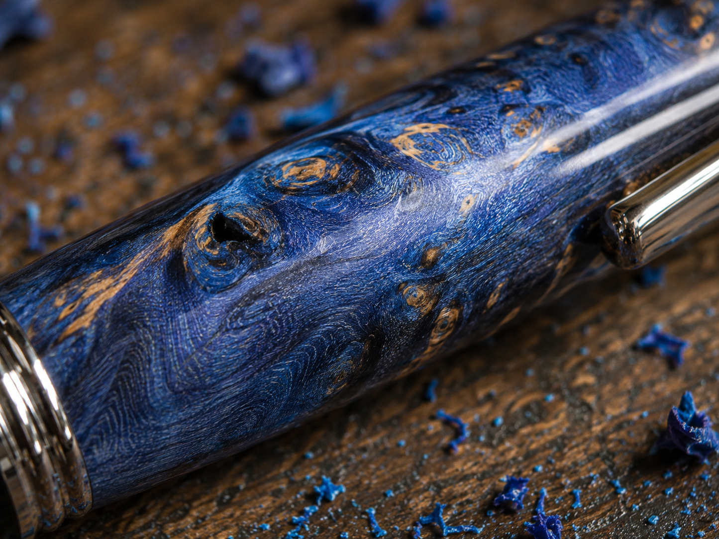 Blue Maple Burl Handmade Pen – Chrome Finish – Parker Style Refill – Custom Wood Pen – Mahogany and Aspen Case