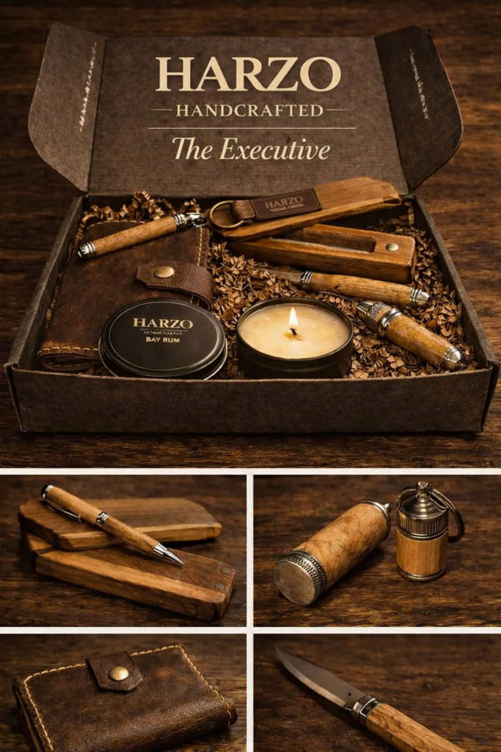 The Executive – Premium Leather Field Journal Wallet, Handcrafted Luxury Pen & Case, Beeswax Candle, Wooden Lighter & Secret Compartment Keychain Gift Set