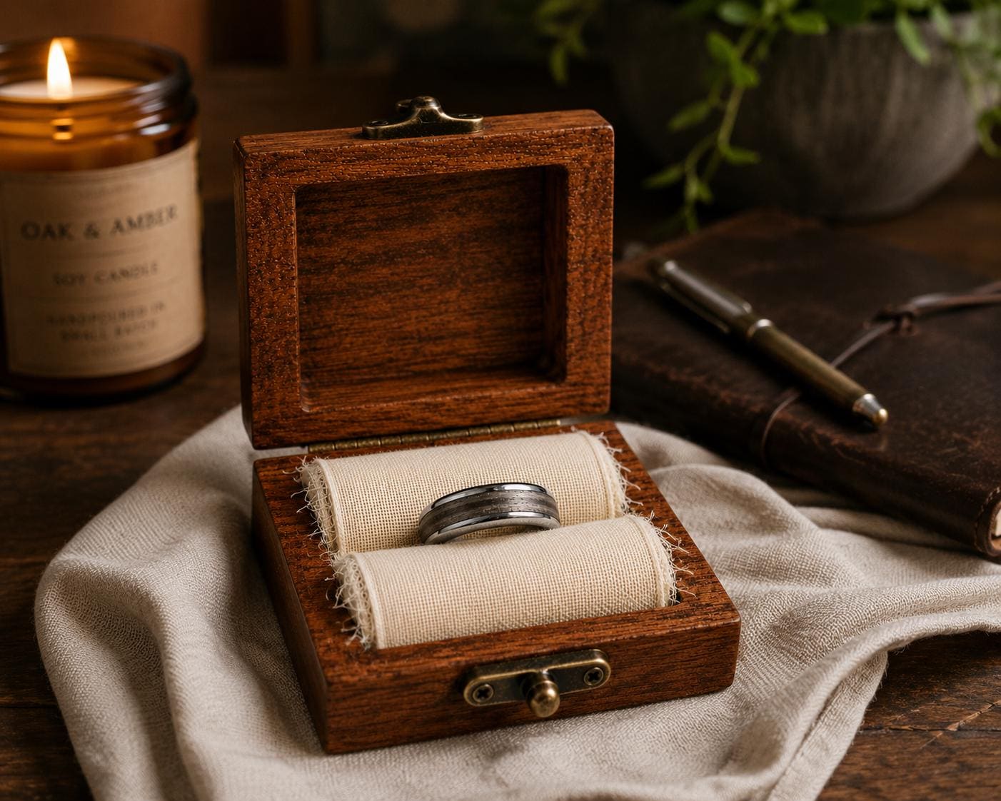 8mm Walnut Wood Stainless Steel Ring and Case Gift Set – Rustic Men’s Wedding Band, Comfort Fit
