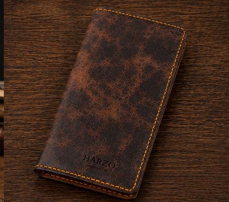 Handmade Goatskin Long Wallet, Dark Brown Distressed Leather, Hand Stitched Bifold
