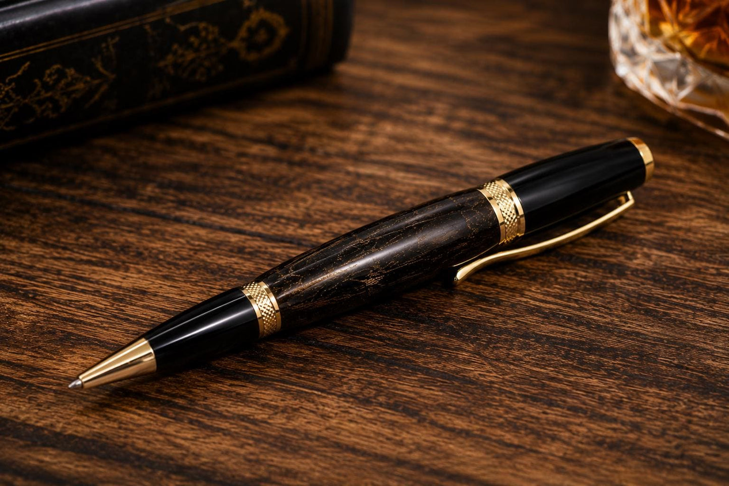 Handmade Dyed Maple Burl Pen, Black & Gold Executive Writing Instrument (Kentucky Crafted)
