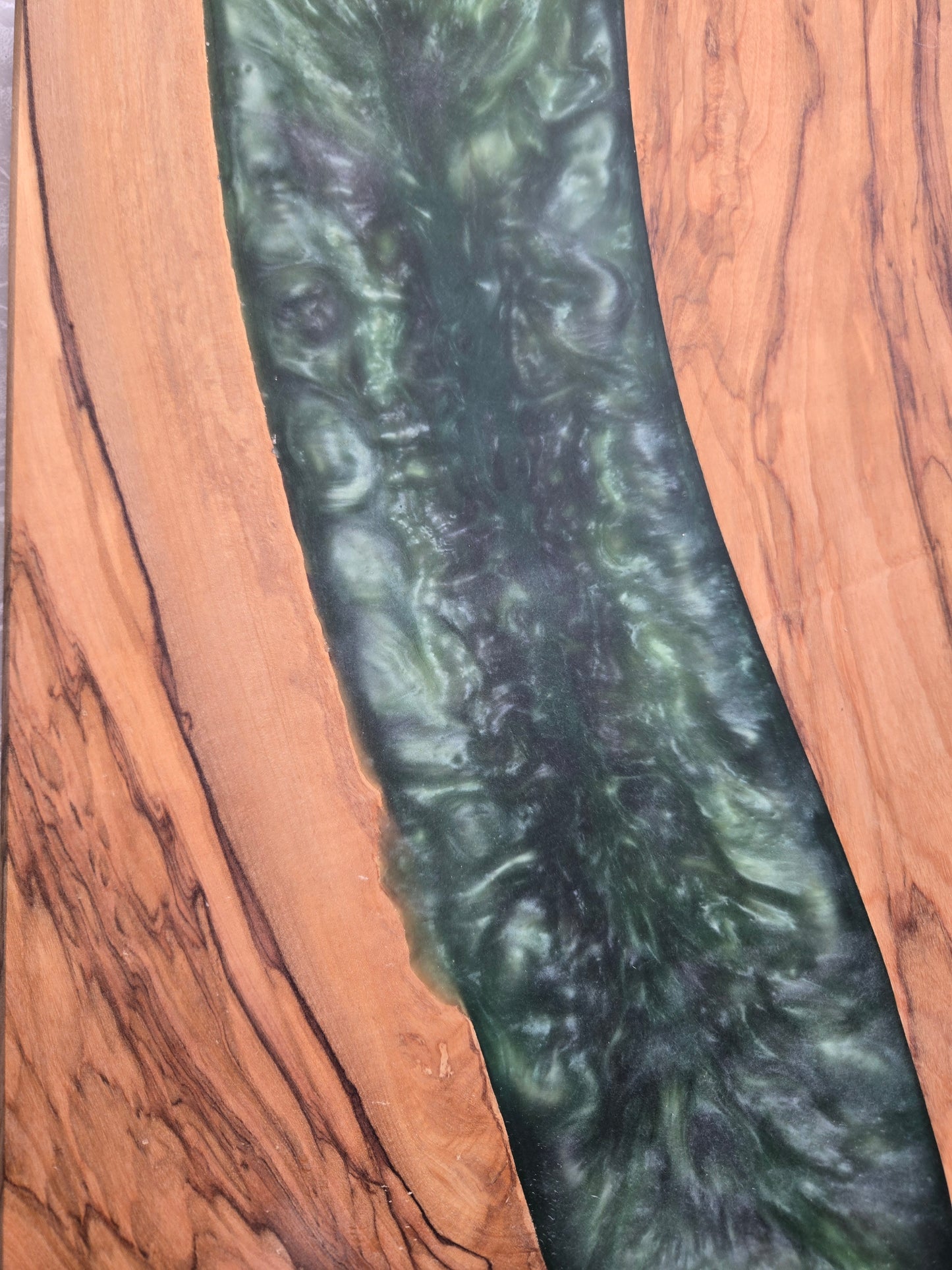Olive Wood & Green Epoxy Charcuterie Board – Handmade Serving Board, Resin River Design, Rustic Kitchen Gift