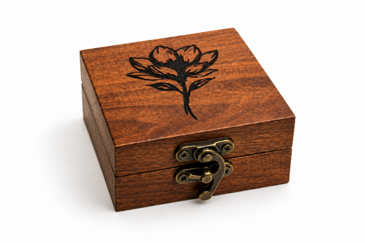 Engraved Cherry Wood Ring Box with Flower Design – Handmade Hinged Keepsake