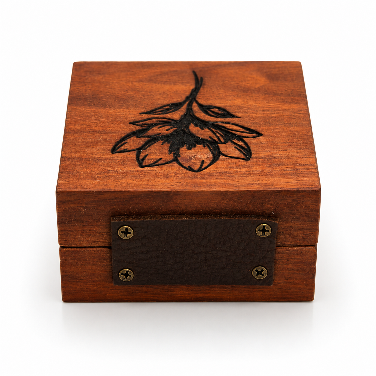 Engraved Cherry Wood Ring Box with Flower Design – Handmade Hinged Keepsake