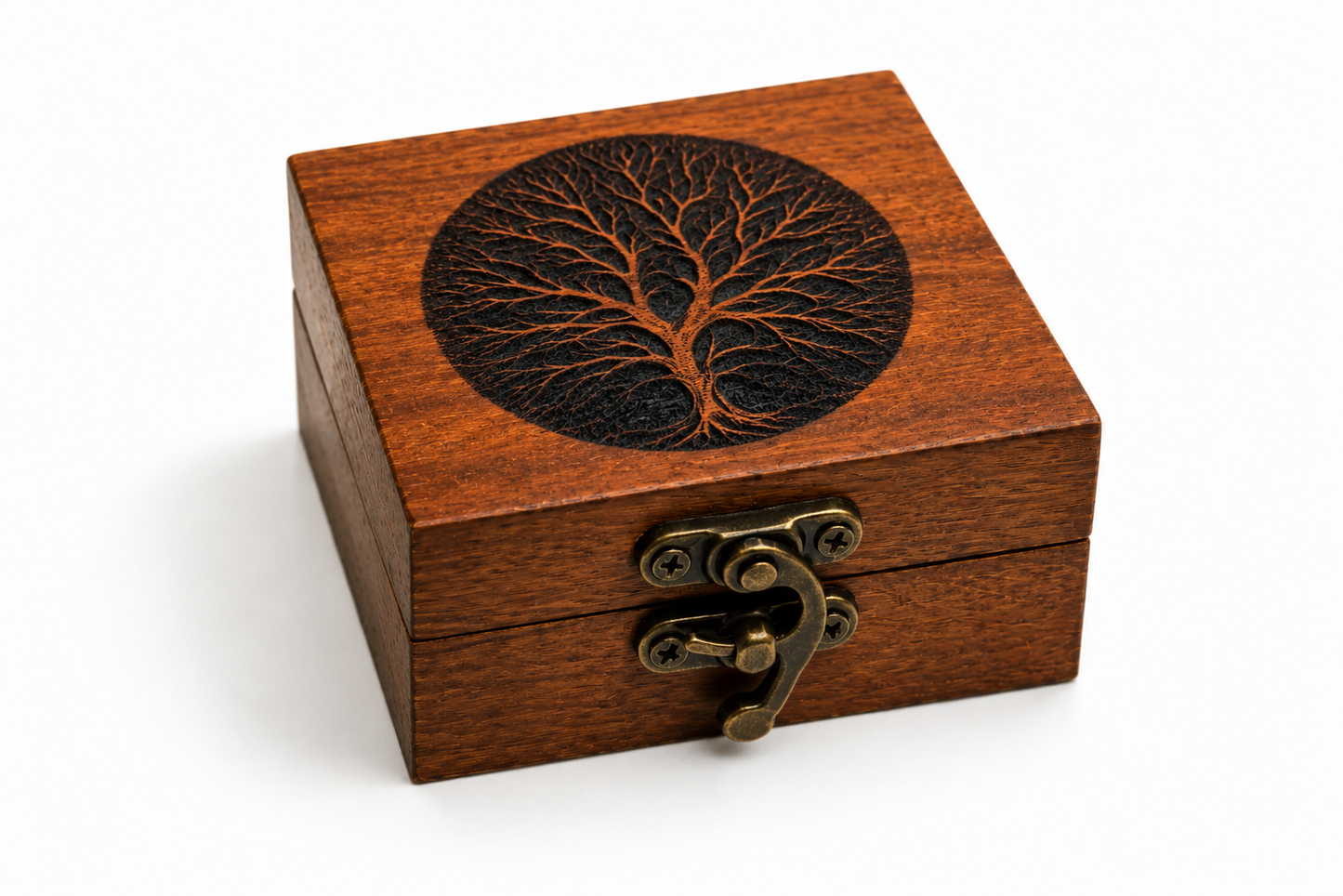 Engraved Wooden Ring Box with Tree Design – Rustic 3x3 Proposal Box – Leather Hinge Jewelry Keepsake – Handmade Engagement Ring Holder