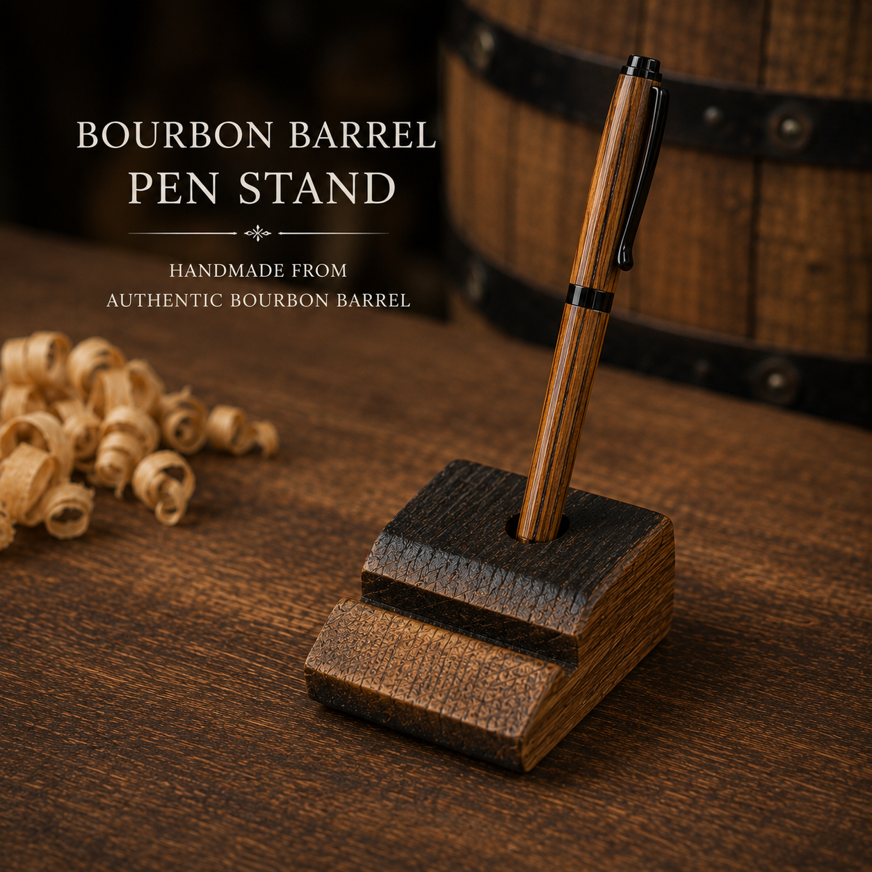Kentucky Bourbon Barrel Pen & Stand Set | Handmade White Oak Rollerball Pen | Authentic Whiskey Barrel Wood Desk Pen Holder | Unique Kentucky Gift
