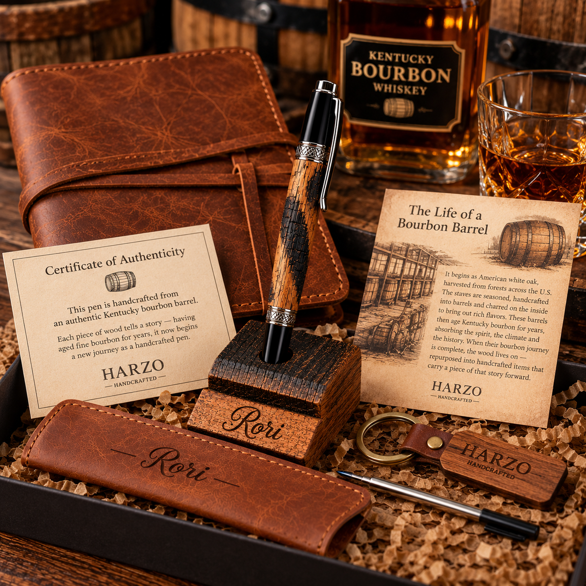 Kentucky Bourbon Barrel Pen & Stand Set | Handmade White Oak Ballpoint Pen | Authentic Whiskey Barrel Wood Desk Pen Holder | Full Set