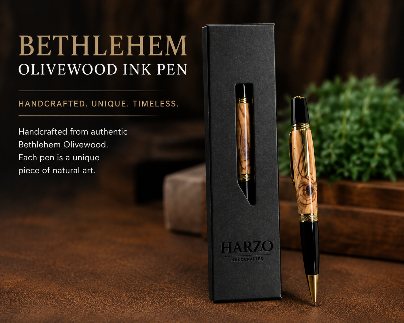 HARZO Handcrafted Bethlehem Olivewood Ballpoint Pen – Handmade Fine Wood Pen with 3 Parker Style Refills & Certificate of Authenticity
