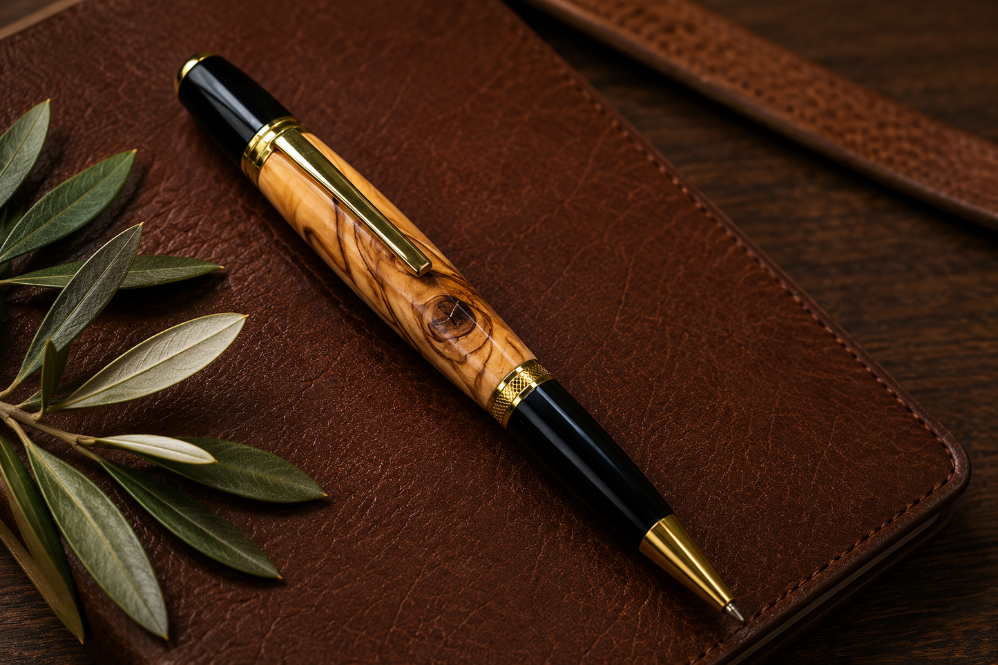 HARZO Handcrafted Bethlehem Olivewood Ballpoint Pen – Handmade Fine Wood Pen with 3 Parker Style Refills & Certificate of Authenticity