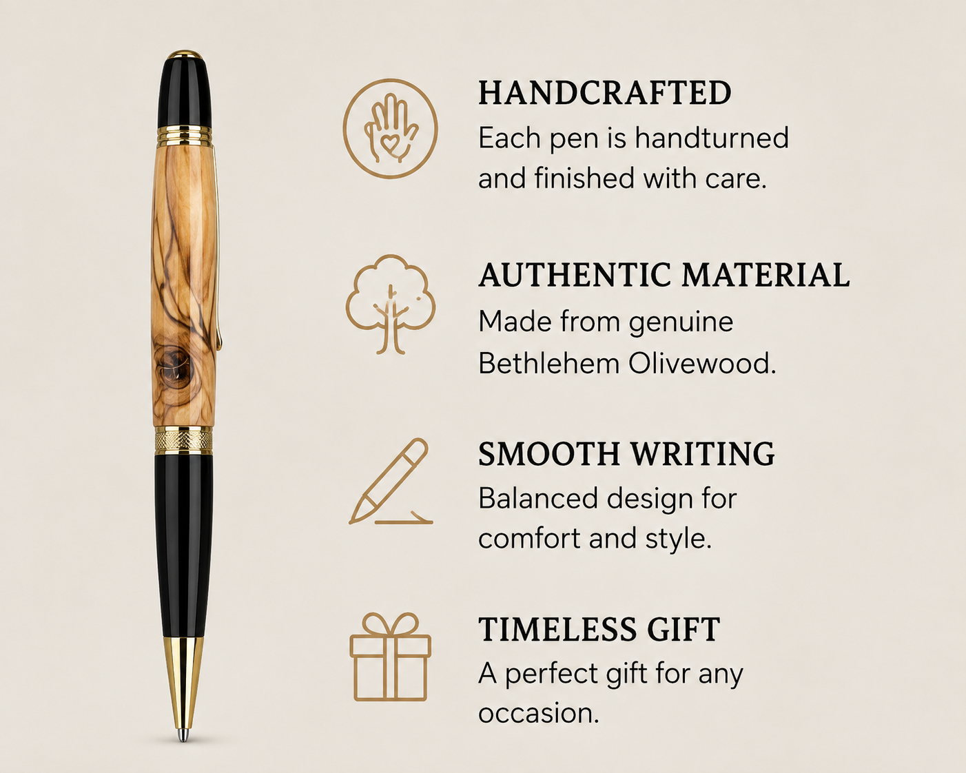 HARZO Handcrafted Bethlehem Olivewood Ballpoint Pen – Handmade Fine Wood Pen with 3 Parker Style Refills & Certificate of Authenticity