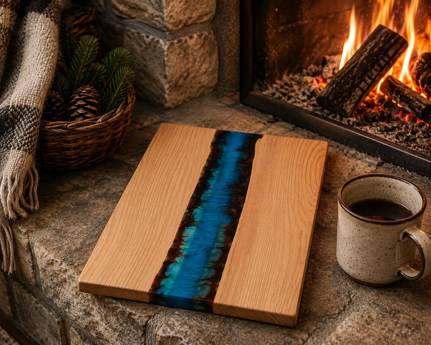 Fire and Ice Resin River Cutting Board – 13.5 x9.5 Hickory Wood Board – Handmade Charcuterie & Serving Board – Unique Kitchen Gift