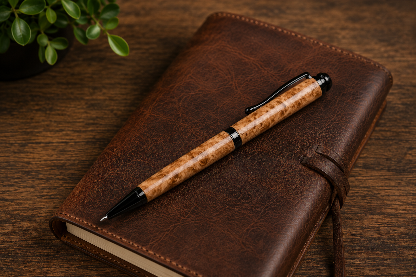 Handcrafted Maple Burl Wood Pen | Refillable Ink Pen with Cross Style Refill | Executive Gift Pen in Black Gift Box | Handmade Desk Accessory