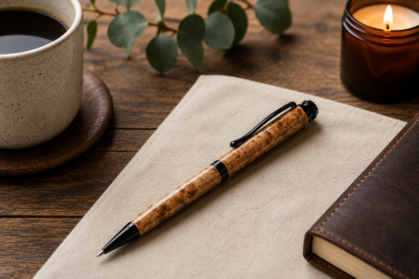 Handcrafted Maple Burl Wood Pen | Refillable Ink Pen with Cross Style Refill | Executive Gift Pen in Black Gift Box | Handmade Desk Accessory