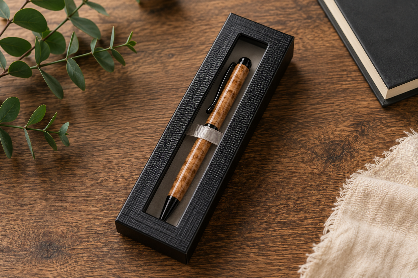 Handcrafted Maple Burl Wood Pen | Refillable Ink Pen with Cross Style Refill | Executive Gift Pen in Black Gift Box | Handmade Desk Accessory