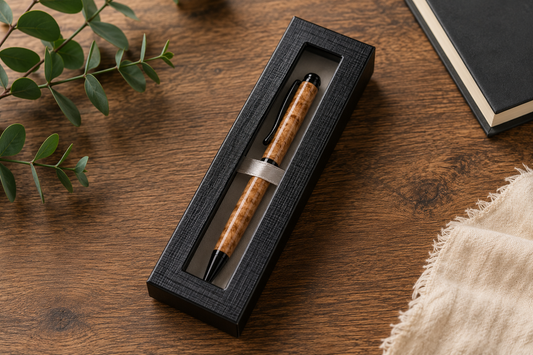 Handcrafted Maple Burl Wood Pen | Refillable Ink Pen with Cross Style Refill | Executive Gift Pen in Black Gift Box | Handmade Desk Accessory
