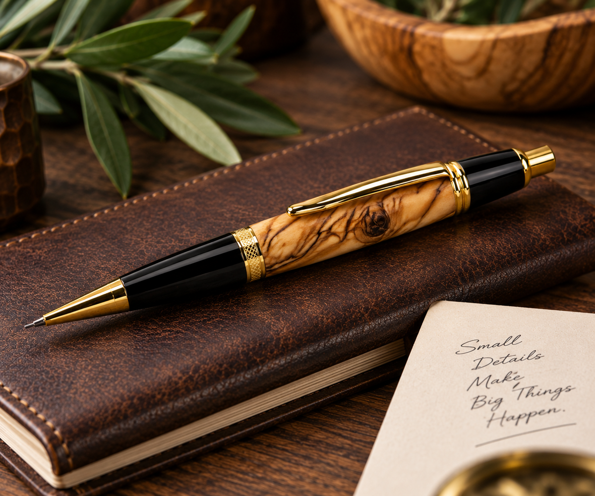 Harzo Handcrafted Bethlehem Olive Wood Mechanical Pencil - Gold Finish