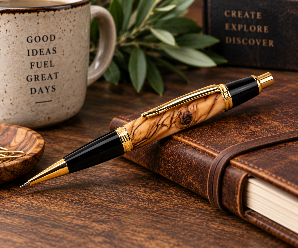 Harzo Handcrafted Bethlehem Olive Wood Mechanical Pencil - Gold Finish