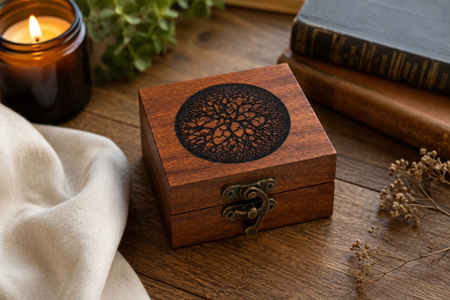 Engraved Wooden Keepsake Box – Circle Design | Handcrafted Cherry with Antique Brass Latch | Gift Box for Rings, Jewelry, or Small Valuables