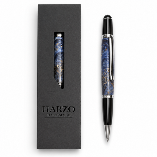 Blue Maple Burl Handmade Pen – Chrome Finish – Parker Style Refill – Custom Wood Pen – Mahogany and Aspen Case
