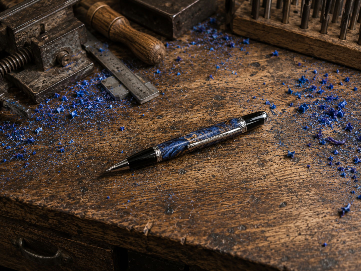 Blue Maple Burl Handmade Pen – Chrome Finish – Parker Style Refill – Custom Wood Pen – Mahogany and Aspen Case