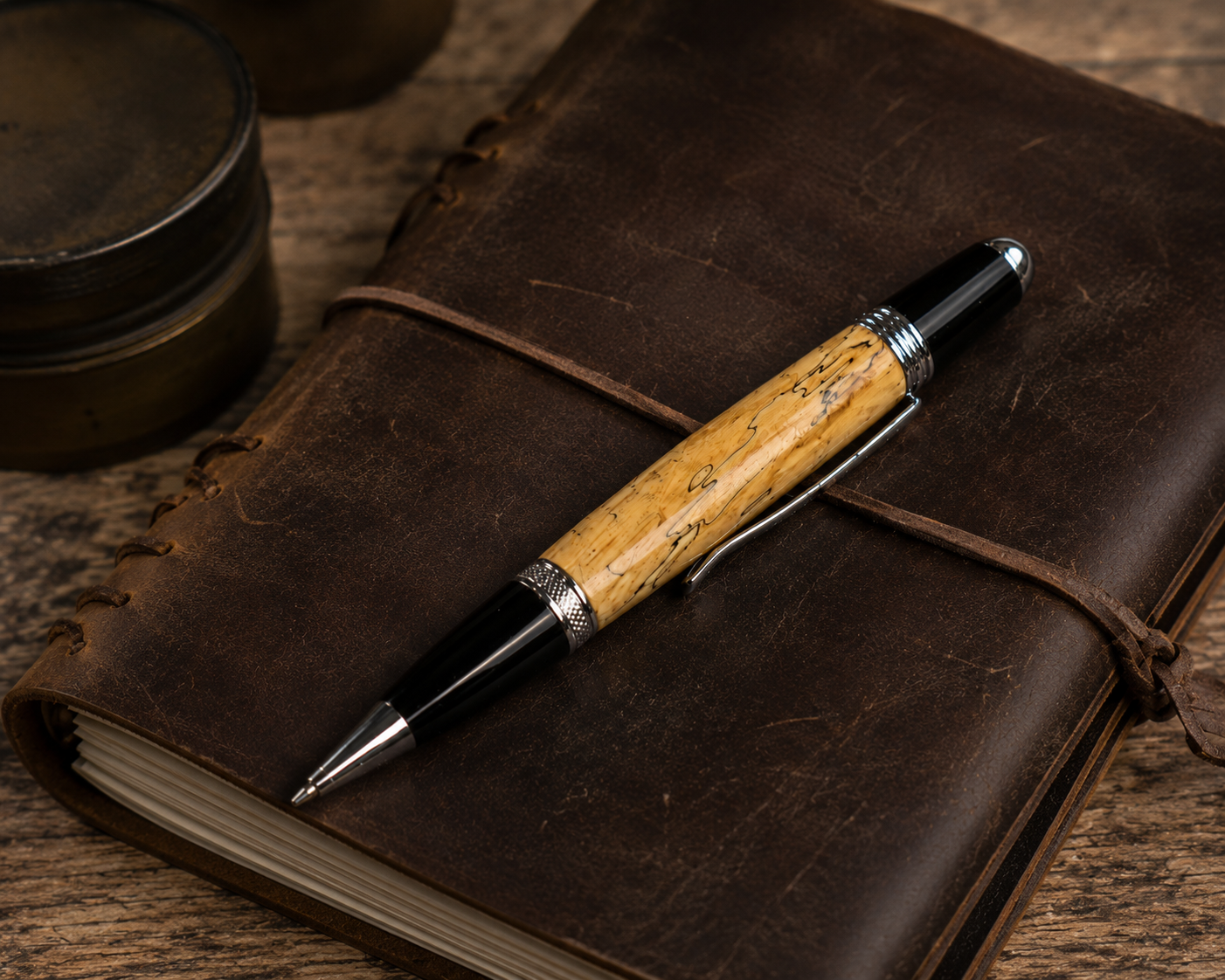 Spalted Maple Ink Pen with Mahogany & Aspen Case — Handmade Gift Set by HARZO