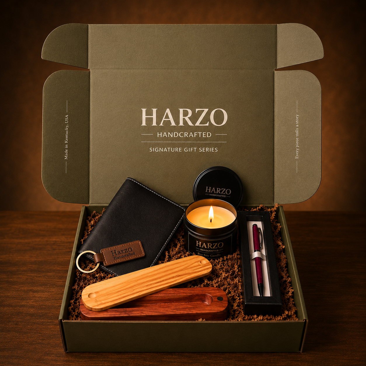 The Study – HARZO Signature Gift Set | Leather Journal, Handcrafted Pen, Candle & Keychain | Made in Kentucky, USA