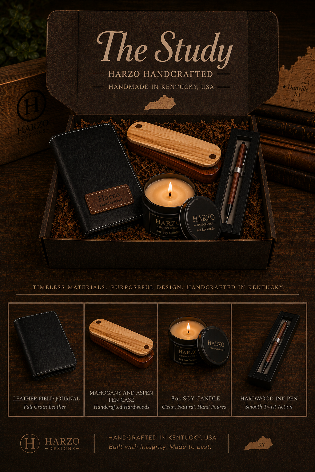 The Study – HARZO Signature Gift Set | Leather Journal, Handcrafted Pen, Candle & Keychain | Made in Kentucky, USA