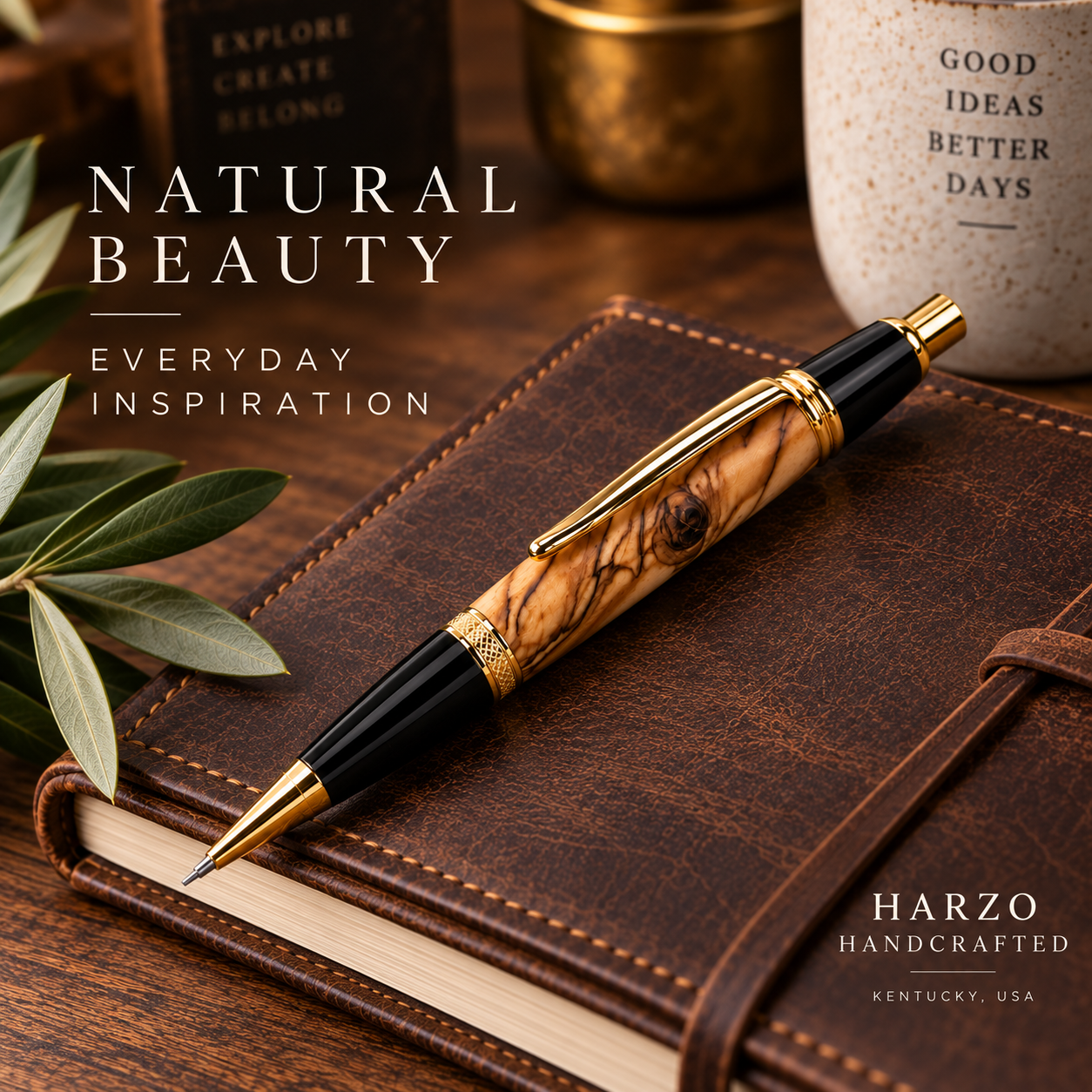 Harzo Handcrafted Bethlehem Olive Wood Mechanical Pencil - Gold Finish