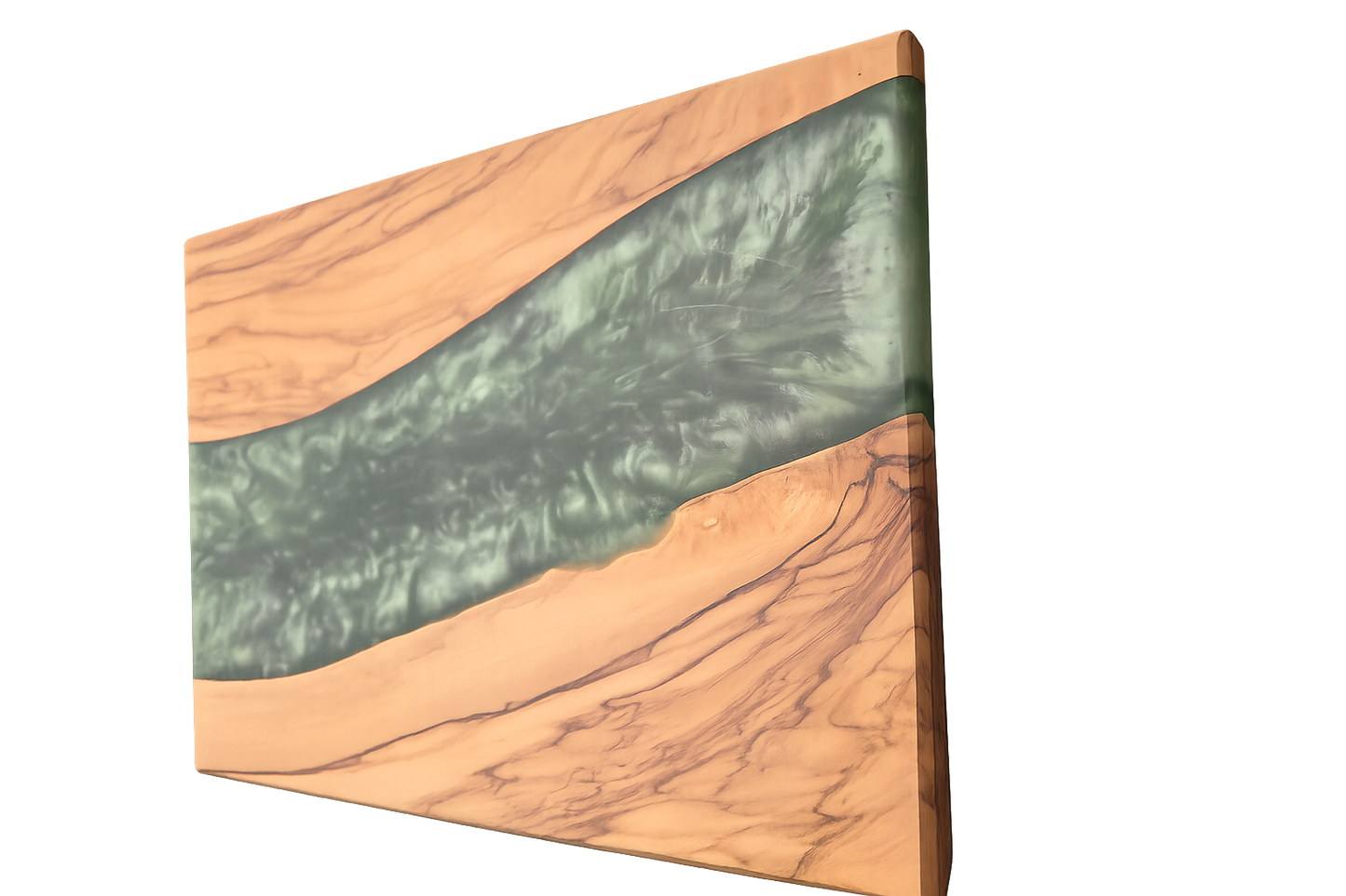 Olive Wood & Green Epoxy Charcuterie Board – Handmade Serving Board, Resin River Design, Rustic Kitchen Gift