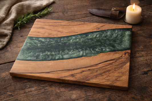 Olive Wood & Green Epoxy Charcuterie Board – Handmade Serving Board, Resin River Design, Rustic Kitchen Gift