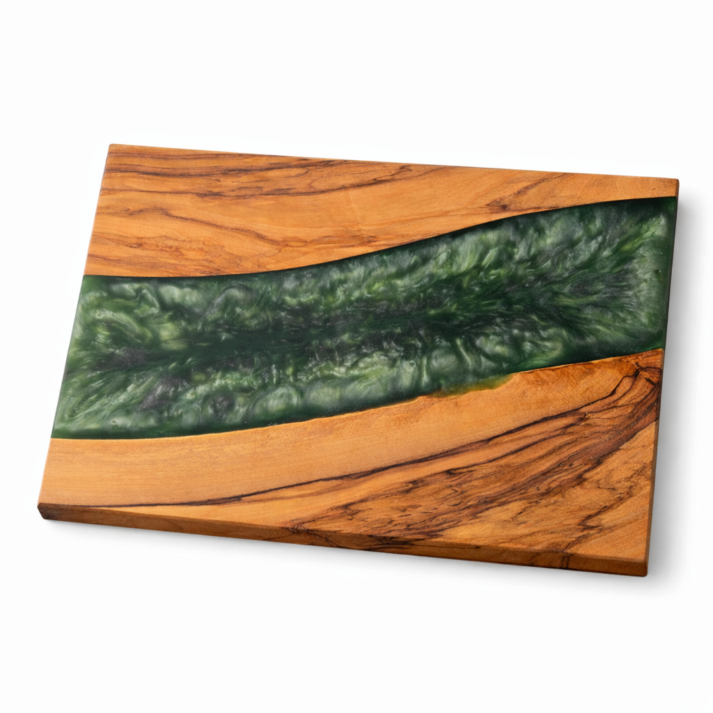 Olive Wood & Green Epoxy Charcuterie Board – Handmade Serving Board, Resin River Design, Rustic Kitchen Gift