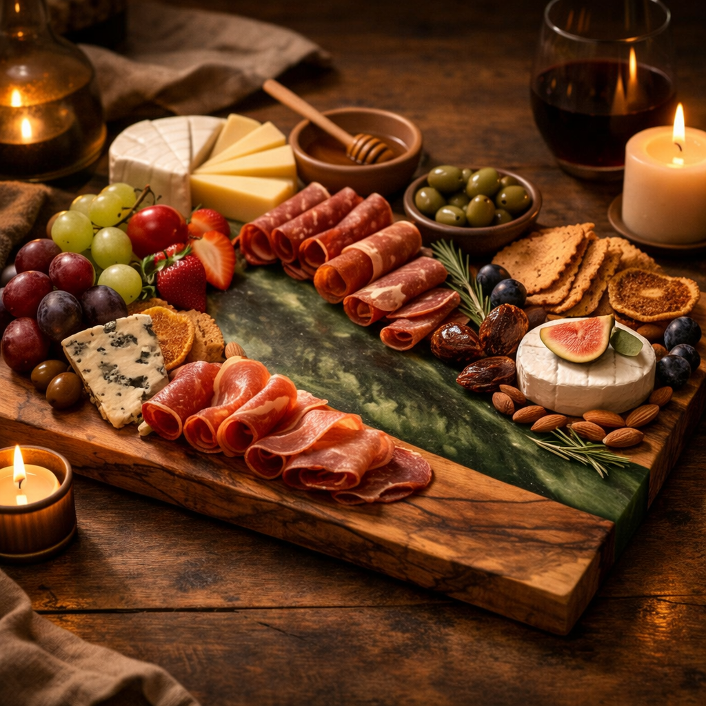 Olive Wood & Green Epoxy Charcuterie Board – Handmade Serving Board, Resin River Design, Rustic Kitchen Gift