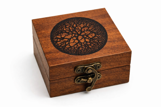 Engraved Wooden Keepsake Box – Circle Design | Handcrafted Cherry with Antique Brass Latch | Gift Box for Rings, Jewelry, or Small Valuables