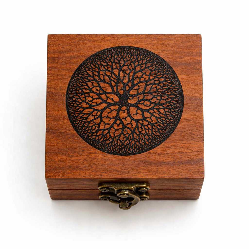 Engraved Wooden Keepsake Box – Circle Design | Handcrafted Cherry with Antique Brass Latch | Gift Box for Rings, Jewelry, or Small Valuables