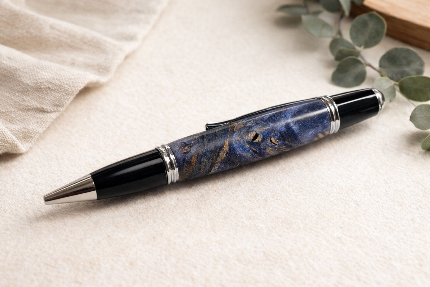 Blue Maple Burl Handmade Pen – Chrome Finish – Parker Style Refill – Custom Wood Pen – Mahogany and Aspen Case