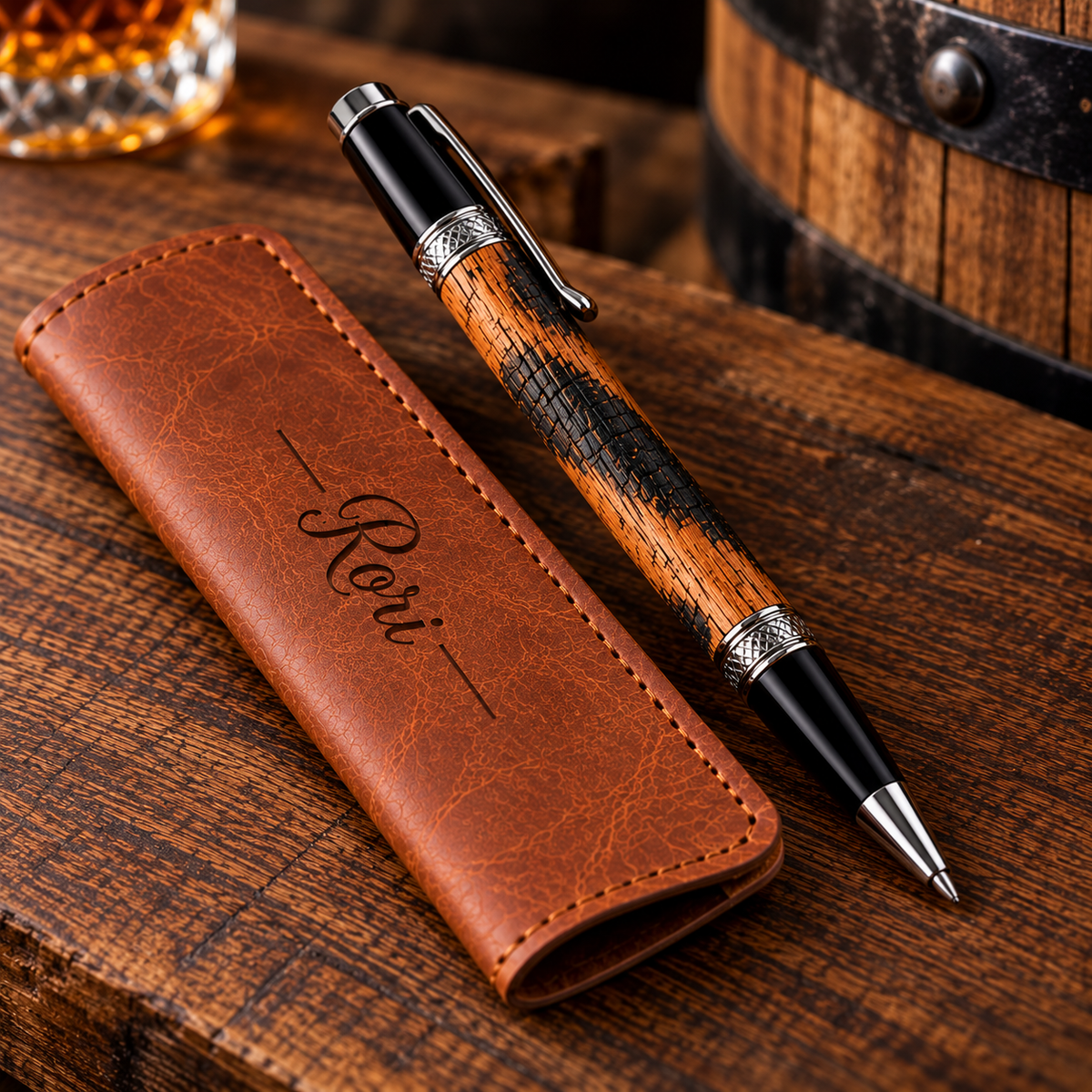 Kentucky Bourbon Barrel Pen & Stand Set | Handmade White Oak Ballpoint Pen | Authentic Whiskey Barrel Wood Desk Pen Holder | Full Set
