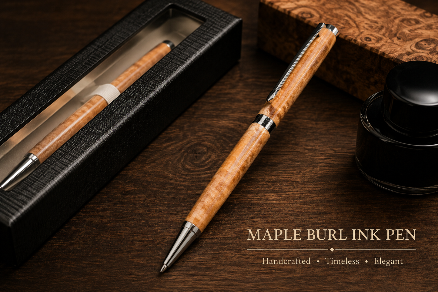 Handcrafted Maple Burl Wood Pen | Refillable Ink Pen with Cross Style Refill | Executive Gift Pen in Black Gift Box | Handmade Desk Accessory