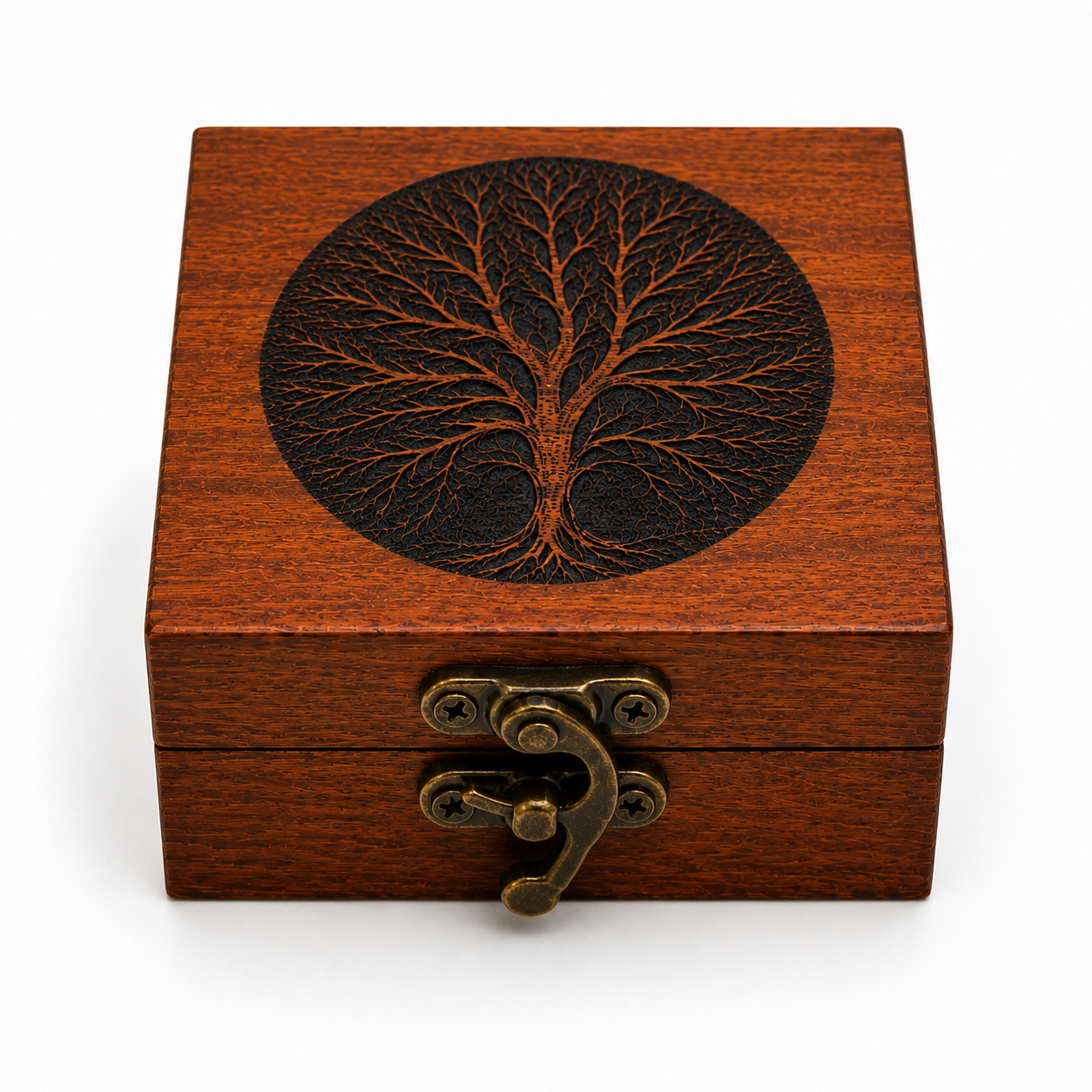 Engraved Wooden Ring Box with Tree Design – Rustic 3x3 Proposal Box – Leather Hinge Jewelry Keepsake – Handmade Engagement Ring Holder