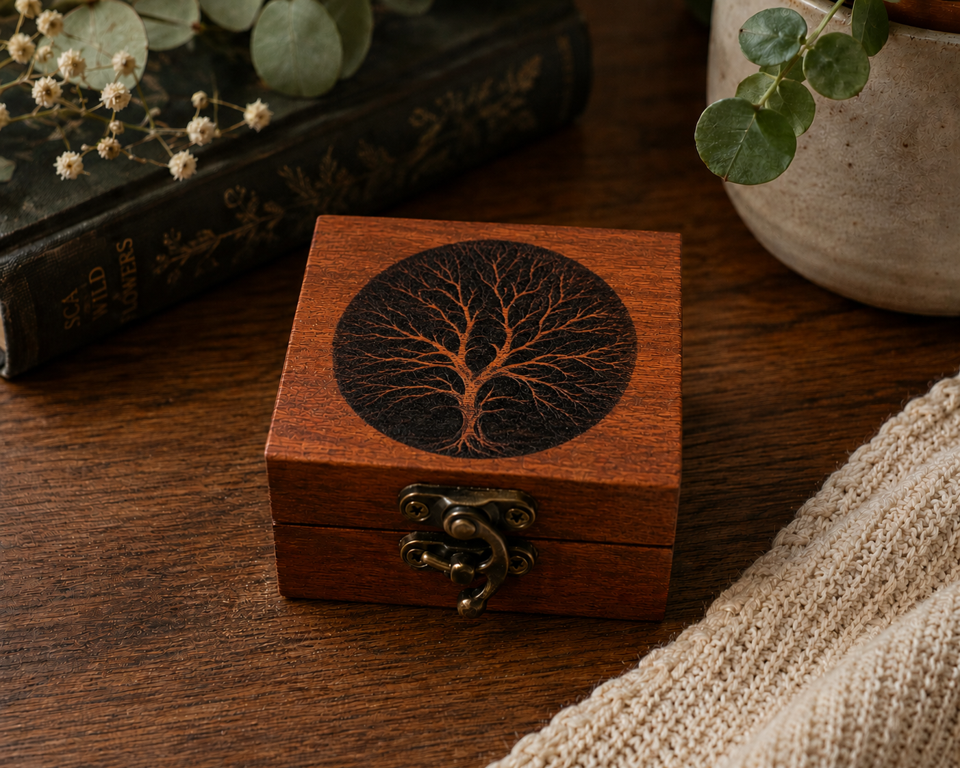 Engraved Wooden Ring Box with Tree Design – Rustic 3x3 Proposal Box – Leather Hinge Jewelry Keepsake – Handmade Engagement Ring Holder