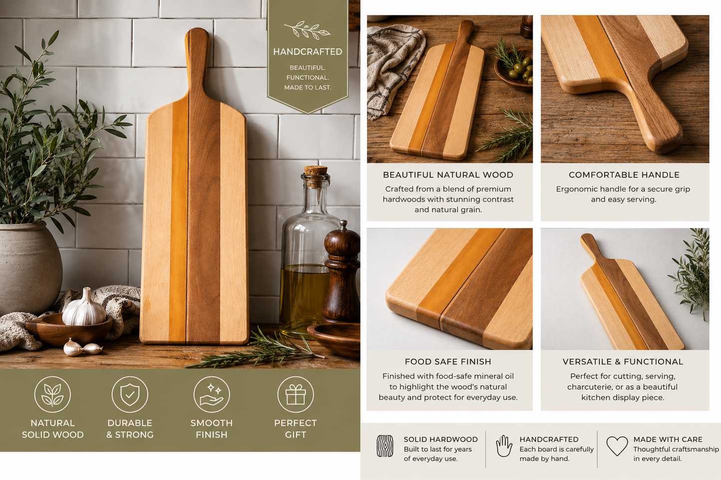 Handmade Hardwood Charcuterie Board | Maple, Cherry & Walnut Serving Board | Rustic Kitchen Decor | Wooden Bread Board | Kentucky Made Gift