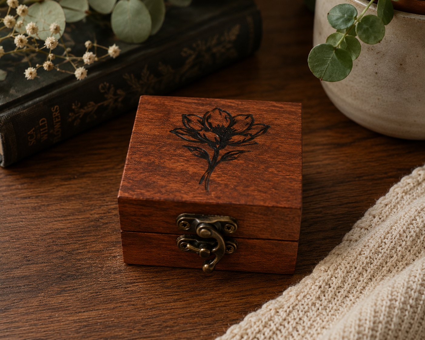 Engraved Cherry Wood Ring Box with Flower Design – Handmade Hinged Keepsake
