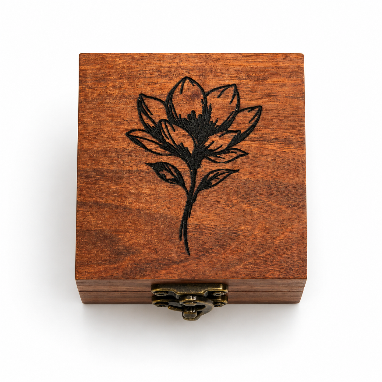 Engraved Cherry Wood Ring Box with Flower Design – Handmade Hinged Keepsake