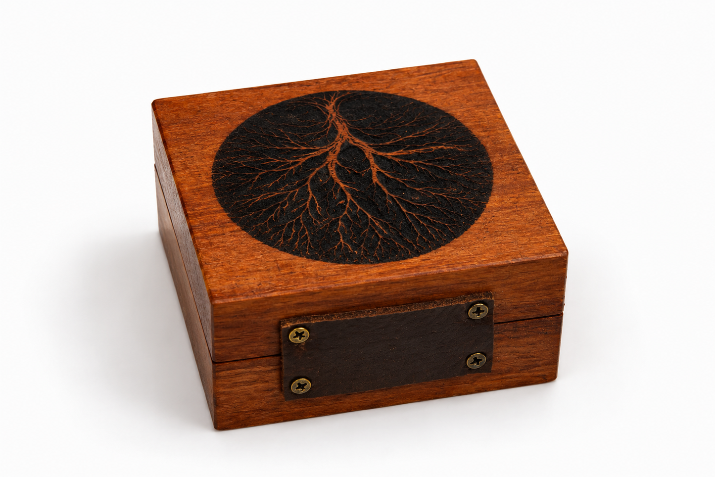 Engraved Wooden Ring Box with Tree Design – Rustic 3x3 Proposal Box – Leather Hinge Jewelry Keepsake – Handmade Engagement Ring Holder