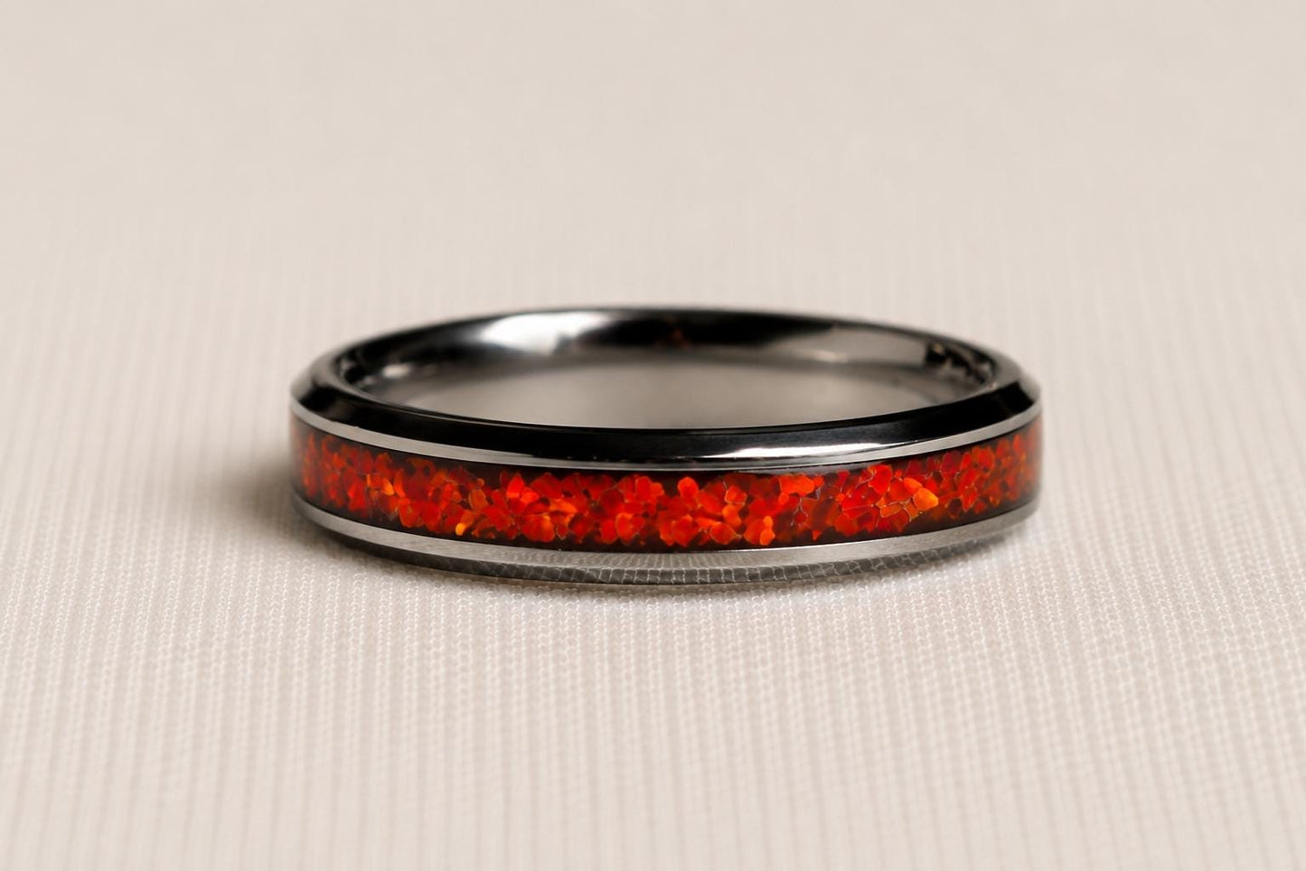 Dragon’s Eye Red Opal Ring – Stainless Steel Band – Handmade Men’s Fantasy Ring – Cherry Wood Gift Box – Rustic Opal Inlay Jewelry