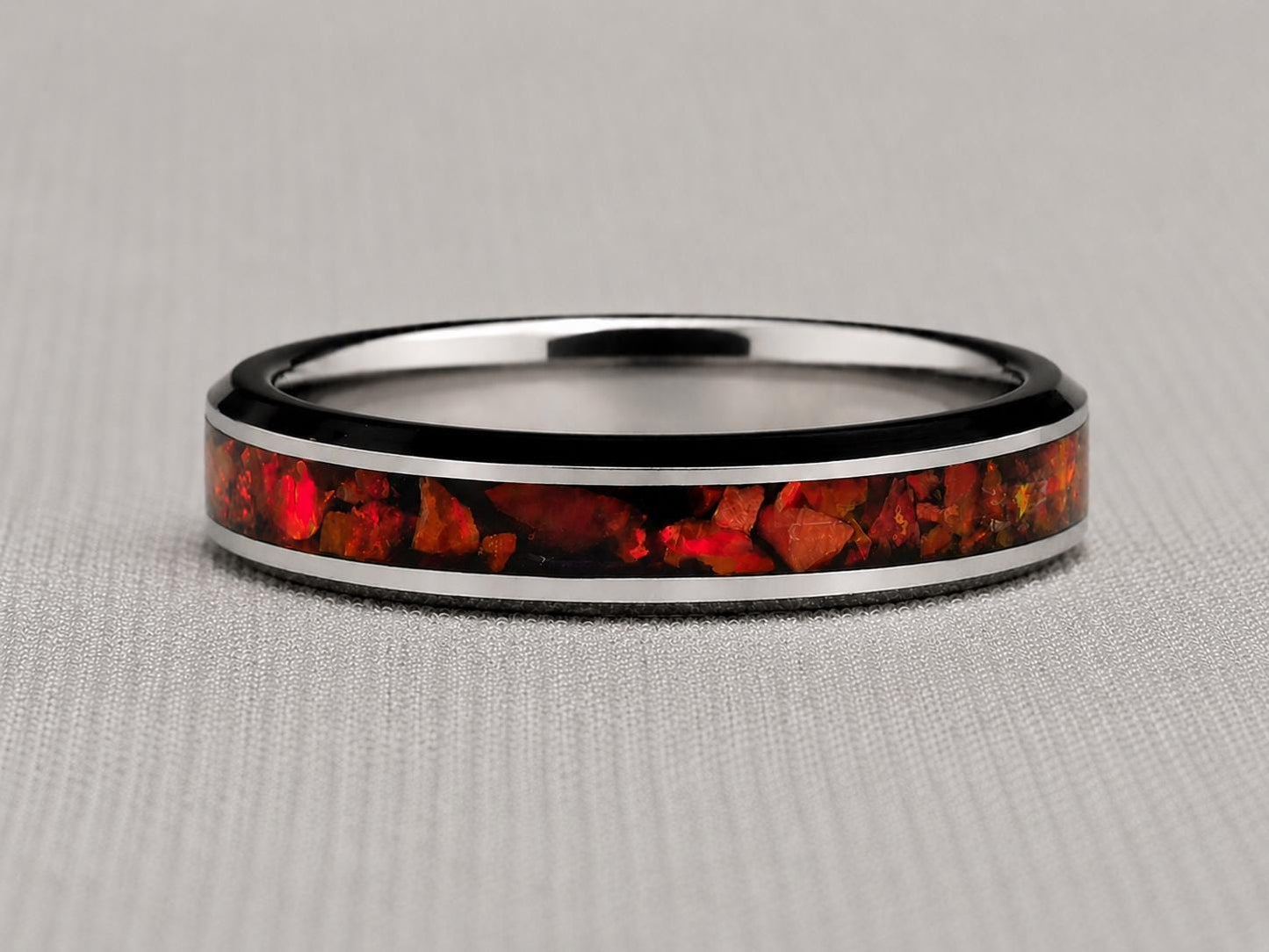 Dragon’s Eye Red Opal Ring – Stainless Steel Band – Handmade Men’s Fantasy Ring – Cherry Wood Gift Box – Rustic Opal Inlay Jewelry