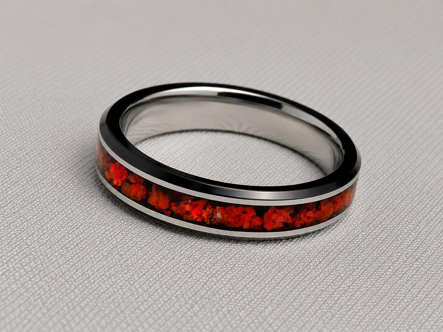 Dragon’s Eye Red Opal Ring – Stainless Steel Band – Handmade Men’s Fantasy Ring – Cherry Wood Gift Box – Rustic Opal Inlay Jewelry