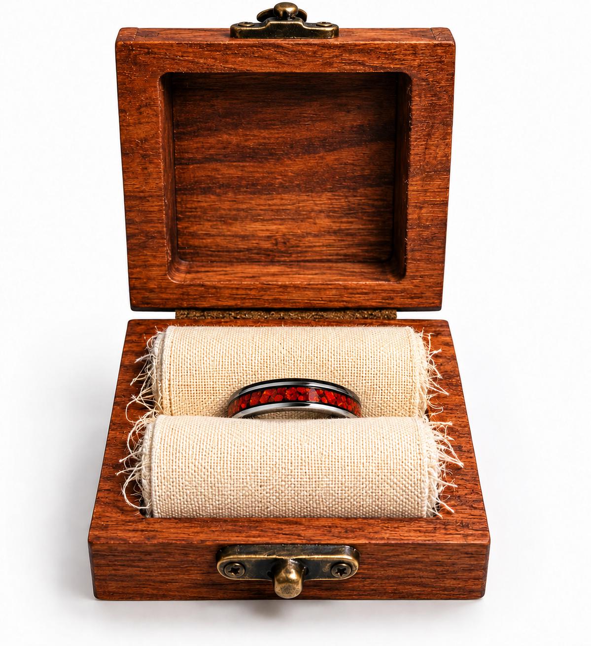 Dragon’s Eye Red Opal Ring – Stainless Steel Band – Handmade Men’s Fantasy Ring – Cherry Wood Gift Box – Rustic Opal Inlay Jewelry
