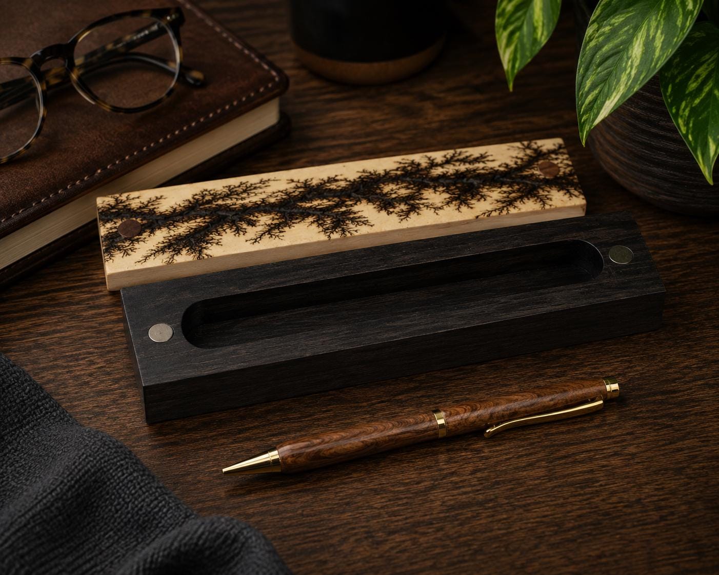 Handcrafted Walnut Ballpoint Pen with Fractal Burn Wenge Maple Case | Executive Desk Accessory