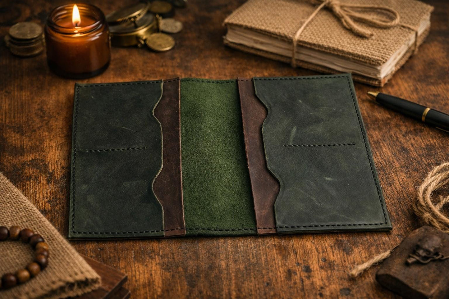 Handmade Green Leather Passport Wallet & Journal Cover – Full‑Grain Travel Organizer for Field Notes, Cards, and Passport