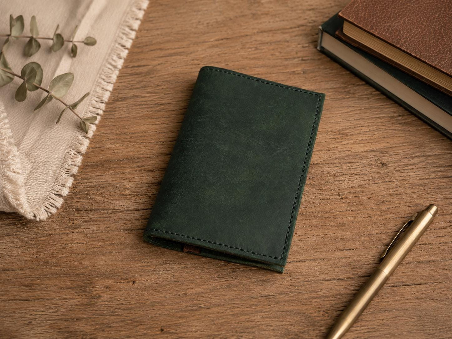 Handmade Green Leather Passport Wallet & Journal Cover – Full‑Grain Travel Organizer for Field Notes, Cards, and Passport